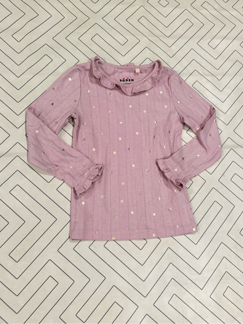 Mini Boden Pink Ruffle Neck Long-Sleeve Top with Gold Stars